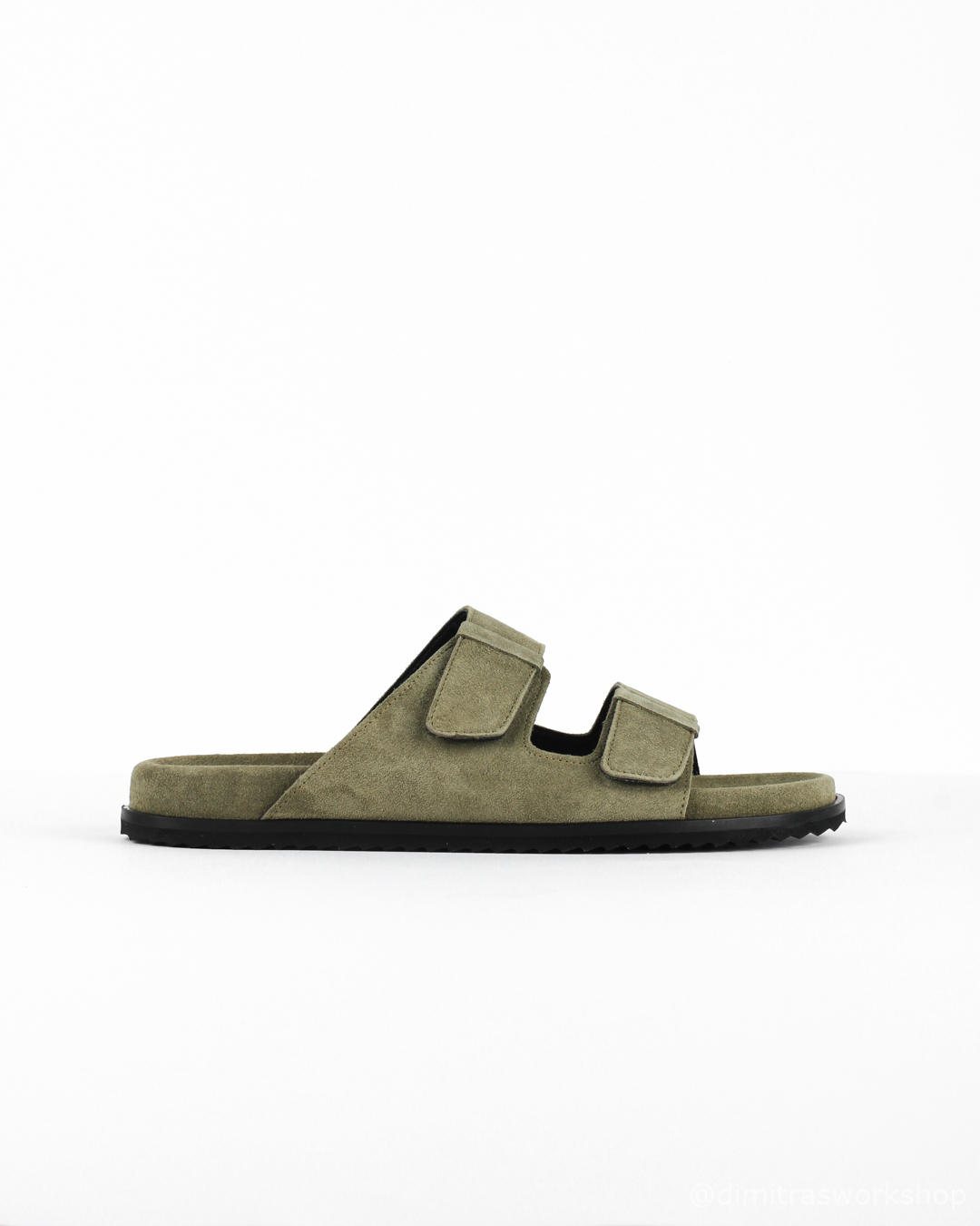 Ithaki Khaki | Handmade Suede Leather Flat Sandals in Khaki Green